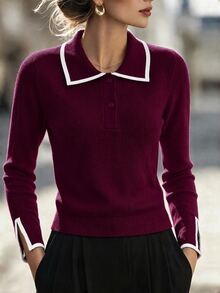 SHEIN Women's Colorblock Casual Daily Long Sleeve Sweater - Burgundy - View 1