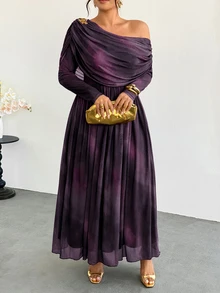 Firerie 大尺碼女款紮染不對稱肩褶皺長袖時尚優雅洋裝 秋冬優雅派對洋裝 - 紫羅蘭色 - 查看 4