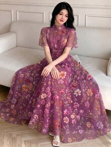 Modelyn 花卉水彩紮染印花半高領荷葉邊短袖法式長洋裝，百褶腰收身顯瘦，淡粉色網紗 - 彩色 - 查看 5