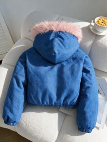 SHEIN 青少年女孩藍色冬季夾克 抓絨內裡連帽衫 K-Pop卡通圖案人造毛連帽背心 保暖寒冷天氣穿搭 - 藍色 - 查看 2