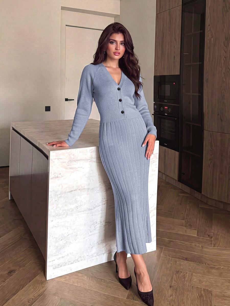 Modelyn فستان نسائي بلون موحد بياقة على شكل حرف V كاجوال يومي من الصوف المحبوك - رمادي - مشاهدة 1