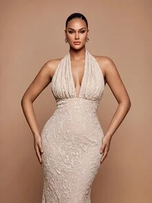 Vowa Plus Size Elegant Romantic Champagne Halter Neck Ruched Fishbone Pleated Waistband Bodycon Bodycon Back Slit Evening Gown For Wedding Party Celebration Formal Event Dinner (Intricate Design) - Champagne - View 2