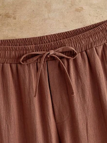 HIMLAND Celana Panjang Pria Tenun Kasual Bisnis Warna Polos - Coklat - View 4