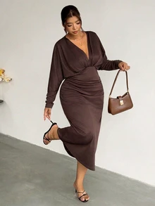 Firerie Brown Waist-Cinched V-Neck Drop Shoulder Long Sleeve Mermaid Maxi Dress/High Elastic Comfortable Elegant Commute - Brown - View 1