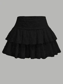 SHEIN Girlism 青少年女孩黑色夏季仙女風派對休閒針織蕾絲抓褶 A 字滑板迷你裙，雙層荷葉邊裙襬內含內褲短褲 - 黑色 - 查看 2