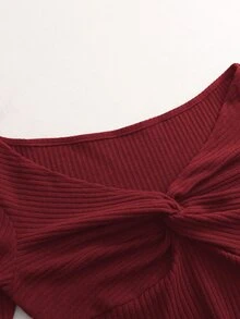 Balvessa French Style Off-Shoulder Twisted Knot Brushed Ribbed Knit Long Sleeve Top, Women's Autumn/Winter New Design Gentle Elegant Blouse, Suitable For Daily Wear, Commuting, Inner Layering T-Shirt, Office Outfit - Burgundy - View 4
