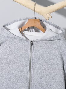 SHEIN 青少年男孩新款休閒時尚極簡基礎款運動灰色拉鍊連帽衛衣，適合秋冬、學校、家庭聚會、返校、生日派對、拍照、度假、假日，舒適運動風 - 灰色 - 查看 5