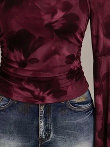 SHEIN ICON 女款休閒浪漫小碎花大尺碼酒紅色上衣，適合春秋穿著 - 彩色 - 查看 7