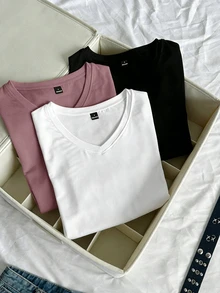 SHEIN EZwear 3件組女款夏季V領修身T恤，龐克次文化動漫純色基礎款短袖修身T恤 - 彩色 - 查看 7