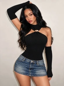 BamGleam Women's Sleeveless Black Ribbed Knit Sweater Top, Round Neck, Short Length, Cold Shoulder, Slim Fit, Casual Commute, Bold Avant-Garde, Vacation, Work, Party, Banquet, Evening, Gathering - Black - View 6