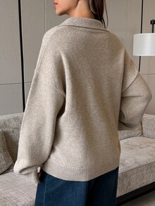 DAZY Solid Color Loose Fit Collared Long Sleeve Casual Vintage Korean Style Daily Autumn/Winter Thick Knit Sweater For Maternity - Khaki - View 2