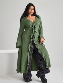 SHEIN ICON ICON 大尺碼女款 V 領前綁帶喇叭袖針織上衣 秋季 - 軍綠色 - 查看 4