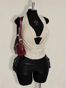 SHEIN ICON 大尺碼女款 2 件組夏季外穿亮片露背背心與細肩帶背心，適合海灘、夏威夷派對、返校日、演唱會與夜店 - 杏色 - 查看 8