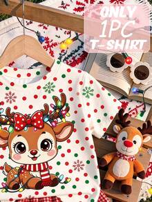 Girls' Short-Sleeve Christmas T-Shirt – Cute Cartoon Reindeer Print & Red-Green Polka Dots (Ages 4–7) - Multicolor - View 3
