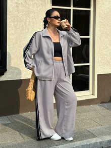 Muchica Plus Size Women's Plaid Side Stripe Zipper Front Jacket And Pants Casual 2 Pieces Set - Multicolor - View 3