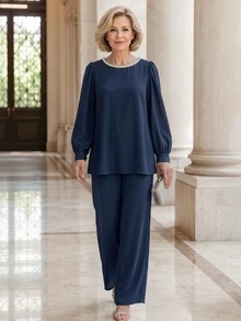 EMERY ROSE Middle-Aged Women Faux Pearl Decor Long Sleeve Top And Casual Pants Set - Blue - View 6