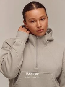 GLOWMODE Plus Size Everyday Fleece Keep It Cozy Oversized Half-Zip Hoodie With Thumbholes & Side Pockets Daily Casual Fall Winter Wear - Khaki - View 3