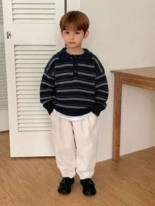 Hapijoa Sweater Rajut Tebal Garis Kontras Kerah POLO untuk Anak Laki-laki (Ukuran Kecil), Lapisan Dalam Dasar, Musim Gugur/Dingin - Navy Blue - View 3