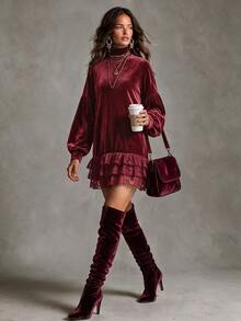 Solivie Women's Autumn Sweatshirt Top Red Velvet Sweatshirt With Contrast Lace - Burgundy - View 7