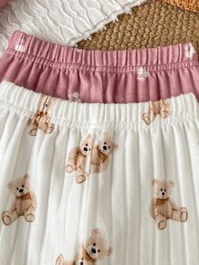 SHEIN Vintaside Kids 4件/2套女嬰可愛卡通泰迪熊與櫻桃印花羅紋針織兩件套，荷葉邊長袖上衣+長褲，適合日常穿著，秋冬款 - 彩色 - 查看 6