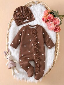 SHEIN Baby Girl 2pcs Ribbed Heart Print Footed Romper With Ruffle & Bow Hat Set, Soft Knit Autumn Daily Wear - Brown - View 1