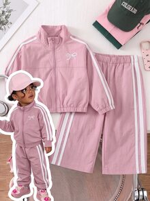 SHEIN 女童小女孩拼色條紋拉鍊外套配蝴蝶結、鬆緊腰長褲，復古套裝，日常穿著校園返校裝 - 藕粉色 - 查看 2