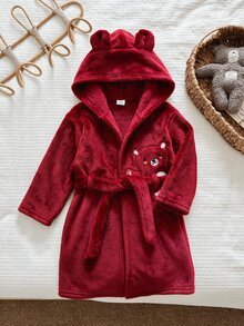 LMoss Kids 小男孩卡通熊刺繡法蘭絨連帽家居服，酒紅色收腰設計，柔軟毛絨面料，寬鬆版型，適合小男孩秋冬居家洗浴晨袍 - 彩色 - 查看 5