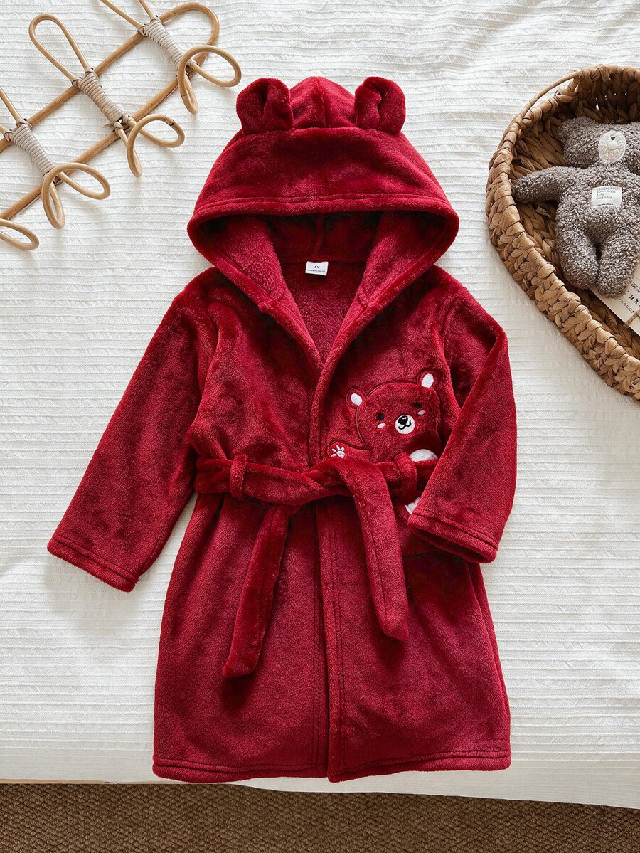 SHEIN 小男孩卡通熊刺繡法蘭絨連帽家居服,酒紅色收腰設計,柔軟毛絨面料,寬鬆版型,適合小男孩秋冬居家洗浴晨袍 - 彩色 - 查看 1