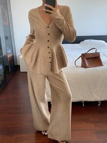 Livesso Women's Casual Solid Color Button V-Neck Sweater And Pants 2 Pieces Set - Coffee Brown - View 3