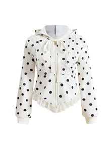ROMWE Kawaii Women's Polka Dot Print Zipper Front Tie Hooded Sweatshirt - Apricot - View 5