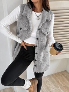 SHEIN EZwear 女款大腿長棕色法蘭絨泰迪外套，領口設計，寬鬆版型，適合秋冬穿著 - 淺灰色 - 查看 1