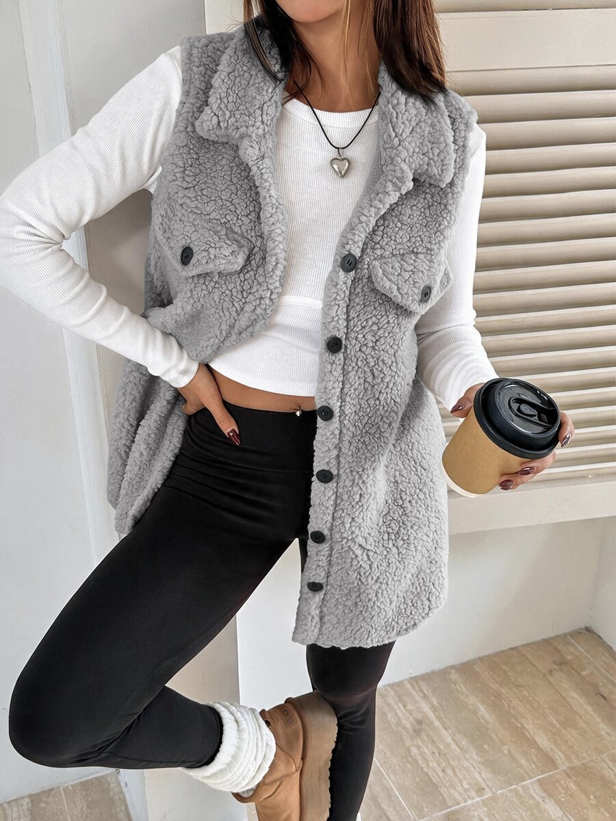 SHEIN EZwear 女款大腿長棕色法蘭絨泰迪外套,領口設計,寬鬆版型,適合秋冬穿著 - 淺灰色 - 查看 1