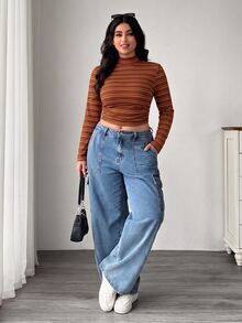 SHEIN EZwear 大尺碼休閒條紋立領短版T恤，秋冬條紋高領上衣長袖上衣條紋長袖上衣條紋上衣秋季 - 棕色 - 查看 3
