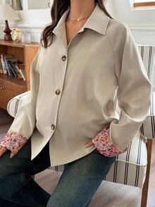 DAZY Patchwork Fabric Loose Lapel Casual Streetwear Korean Style Vacation Autumn/Winter Maternity Regular Jacket - Khaki - View 5