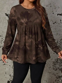 SHEIN LUNE Vintage Tie-Dye Floral Minimalist Casual Plus Size Loose Long Sleeve Shirt, Suitable For Spring And Autumn Fall - Multicolor - View 3
