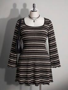 SHEIN ICON 大尺碼彩色條紋露背喇叭袖針織洋裝 寬袖條紋洋裝 圓領洋裝 秋季款 - 彩色 - 查看 5
