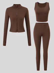 SHEIN 少女粉 3 件套秋季套裝，立領夾克 + 吊帶背心 + 緊身褲，完整日常穿搭，修身不緊繃 - 棕色 - 查看 3
