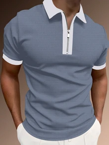 Manfinity Homme 男士半拉鍊 Polo 衫，適合高爾夫球、正式場合 - 霧霾藍 - 查看 1