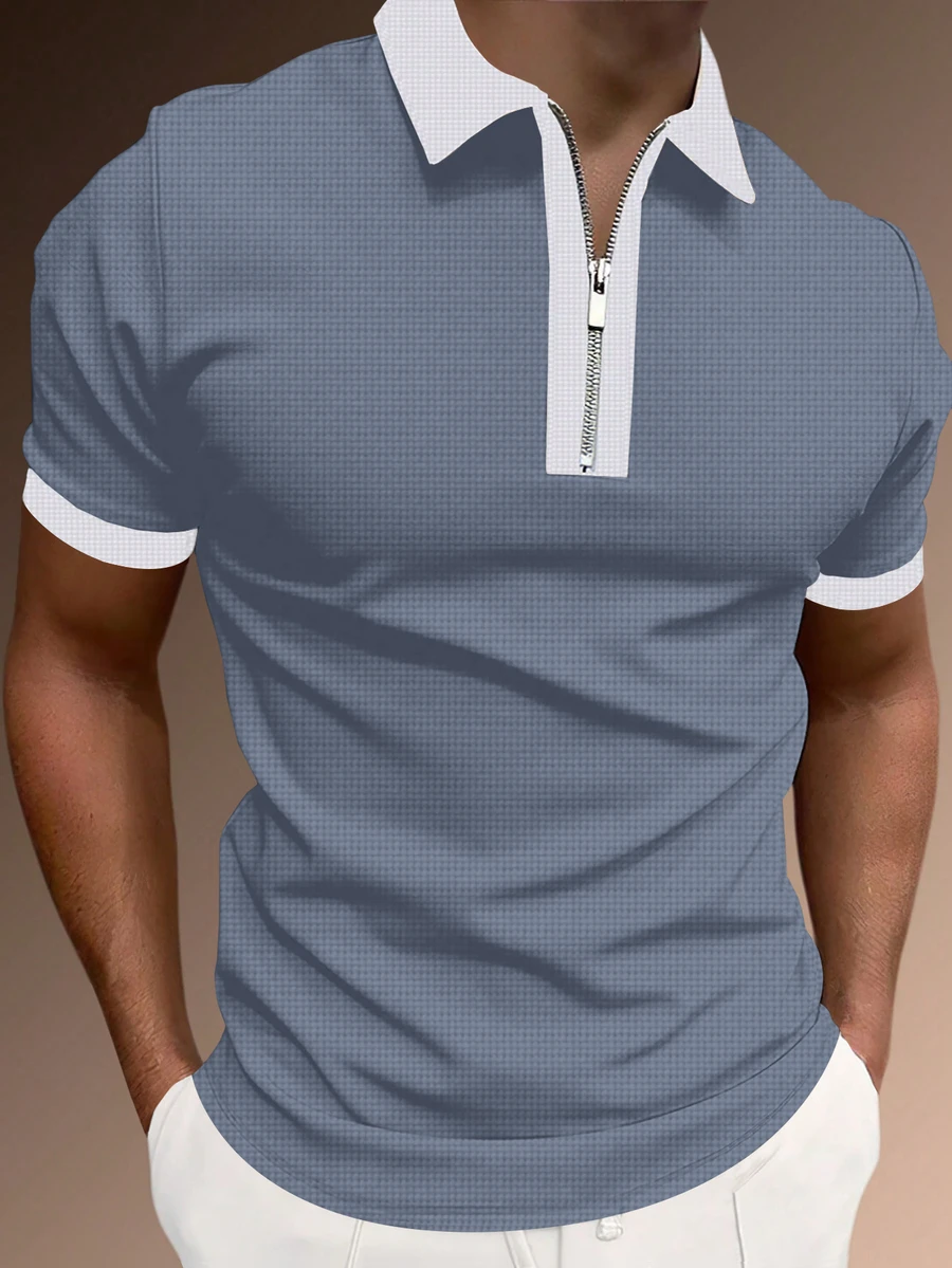 Manfinity Homme 男士半拉鍊 Polo 衫，適合高爾夫球、正式場合 - 霧霾藍 - 查看 1