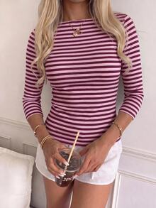 SHEIN EZwear 休閒簡約 95% 棉淺粉色與酒紅條紋短袖 T 恤，適合春夏，春夏穿搭，淺粉色與酒紅條紋讓妳顯白，夏季上衣，適合日常通勤、約會、聚會，秋冬春夏、聖誕節、新年、感恩節、派對、婚禮、海灘、畢業典禮 - 彩色 - 查看 5