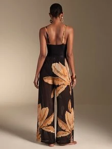 Swim Oasis Deep Brown Floral Print One-Piece Swimsuit And Long Pants 2-Piece Set, Elegant And Exquisite For Women, Beach Vacation, Hot Spring Swimwear Outfit - Multicolor - View 3