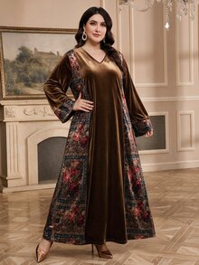 Al Najma 大尺碼女款花卉印花V領長袖阿拉伯風洋裝 - 彩色 - 查看 4