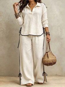 Weeklong Plus Size Women's Colorblock Long Sleeve Top And Pants Casual Set - Apricot - View 3