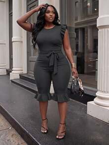 Slaydiva Women's Ruffle Sleeveless Fitted Cropped Jumpsuit With Belt, Black - Dark Grey - View 1