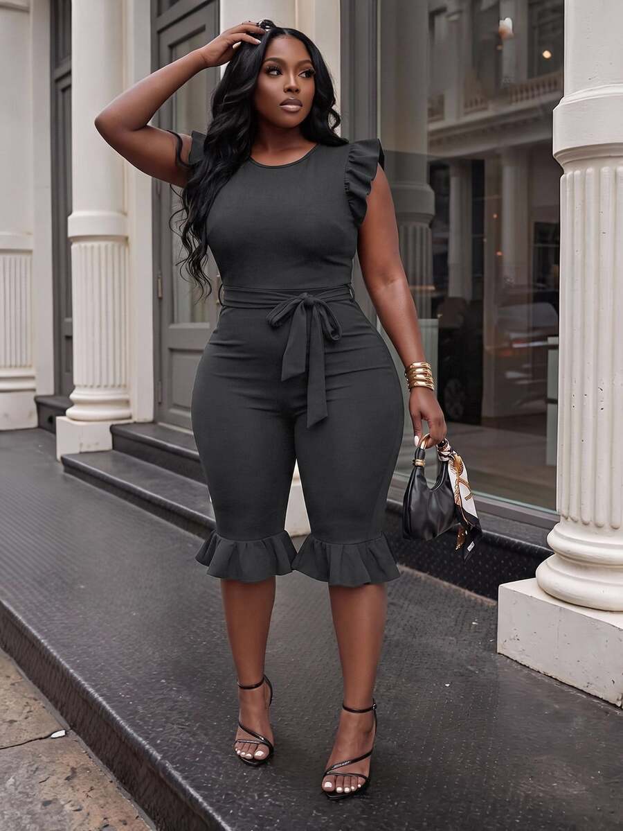 Slaydiva Women's Ruffle Sleeveless Fitted Cropped Jumpsuit With Belt, Black - Dark Grey - View 1