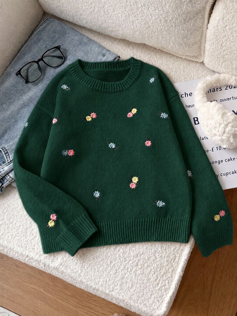 SHEIN 白色秋季返校可愛南瓜提花針織套頭毛衣,百搭刺繡大童女孩針織衫,大童女孩服飾 - 墨綠色 - 查看 1