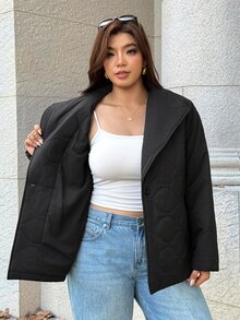 Easura Plus Size Women Solid Color Long Sleeve Waist Tie Casual Winter Jacket - Black - View 8