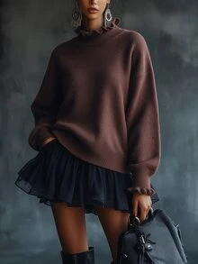 Breezaya Autumn/Winter Stand Collar Ruffle Fashion Sweater - Mocha Brown - View 5