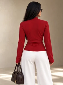 INAWLY Burgundy Deep V-Neck Tie-Front Long Sleeve Ribbed Knit Top, Slim Fit - Burgundy - View 2