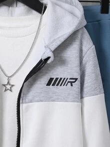 SHEIN طقم 2 قطعة للأولاد المراهقين، سويت شيرت هودي فضفاض كاجوال بألوان متباينة للخريف + بنطال رياضي كاجوال بألوان متباينة، من الفليس السميك - متعدد الألوان - مشاهدة 4